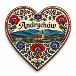 Magnes pamiątkowy Andrychów z widokiem na miasto i wzorami kwiatowymi