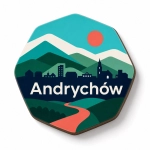 Pamiątkowy magnes Andrychów z panoramą miasta, górami i słońcem