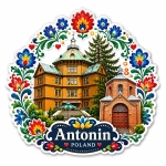 Pamiątkowy magnes Antonin z motywem kwiatowym i budynkami regionalnymi