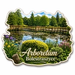 Magnes pamiątkowy Arboretum w Bolestraszycach z motywem mostu nad stawem, kwiatów i zieleni