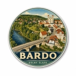Magnes Bardo z panoramą miasta, rzeką i kościołem