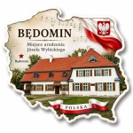 Magnes pamiątkowy Będomin z motywem budynku i mapy Polski