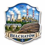 Pamiątkowy magnes Bełchatów z elektrownią, pałacem i wyrobiskiem węgla