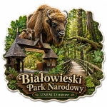 Magnes Białowieski Park Narodowy z motywem przyrodniczym, lasem, mostkiem i żubrami
