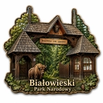 Magnes pamiątkowy przedstawiający wejście do Białowieskiego Parku Narodowego
