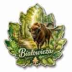 Magnes pamiątkowy Białowieża z motywem białego lasu i żubra