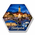 Magnes Białystok z widokiem na centrum miasta, charakterystyczne budynki i fontannę