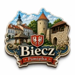 Pamiątkowy magnes Biecz z widokiem miasta, motywem zamku i herbem z orłami