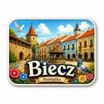 Pamiątkowy magnes Biecz z kolorowymi domami, wieżą i fontanną