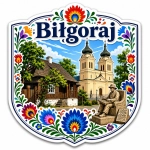 Magnes Biłgoraj z motywem kościoła, tradycyjnego domu i rzeźby mężczyzny na ławce
