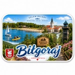 Magnes Biłgoraj – widok na Zalew Bojary z kajakami, kościołami, wieżami i lasami