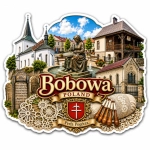 Magnes Bobowa z motywem rzeźby kobiety siedzącej przy fontannie