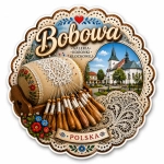 Magnes pamiątkowy z Bobowej z motywem tradycyjnych koronek klockowych, kwiatów i drewnianych igieł do koronki