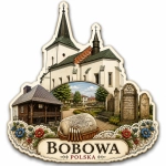 Magnes Bobowa z motywem kościoła, drewnianej altanki, nagrobków z gwiazdą Davida i kwiatów