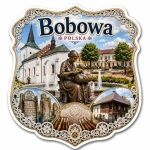 Magnes pamiątkowy Bobowa z motywem rzeźby kobiety siedzącej, fontanny, kościoła i murowanego domu