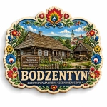 Magnes z Bodzentynu przedstawiający tradycyjny dom z drewna
