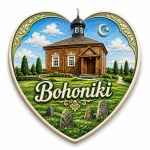 Pamiątkowy magnes z Bohonik przedstawiający drewnianą świątynię z kopułą i minaretem