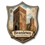 Herbowy magnes Braniewo na białej płycie HDF