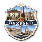 Magnes Brzesko przedstawiający pałac, fabrykę, plac z kamienicami i kościół