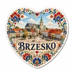 Pamiątkowy magnes Brzesko w kształcie serca z widokiem na kościół i kamienice