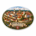 Magnes pamiątkowy Bystrzyca Kłodzka z motywem miasta, charakterystycznymi budynkami i murami obronnymi