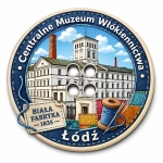Magnes pamiątkowy z motywem Centralnego Muzeum Włókiennictwa w Łodzi