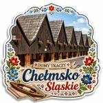 Magnes pamiątkowy z motywem tradycyjnych domów tkaczy w Chełmsku Śląskim