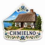 Magnes Chmielno z domem z strzechą nad rzeką