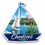 Magnes pamiątkowy z motywem żaglówki i nazwą Chodzież