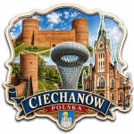 Pamiątkowy magnes Ciechanów z motywem zamku, wodociągu i kościoła