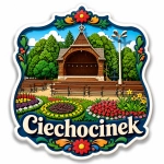 Magnes pamiątkowy Ciechocinek z motywem parku rozrywki, kwiatów i altanki