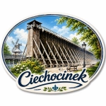 Magnes Ciechocinek z motywem drewnianego mostu, wieży, wiatraka, drzew i kwiatów
