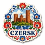 Magnes pamiątkowy Czersk z motywem zamku obronnego nad rzeką i kwiatowym obramowaniem