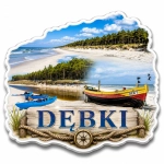 Magnes Dębki przedstawiający plażę z drewnianymi łodziami, drzewami i błękitnym morzem