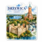 Pamiątkowy magnes Drzewica z widokiem na zamek i kościół