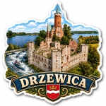 Magnes pamiątkowy Drzewica z motywem ruin zamku nad jeziorem
