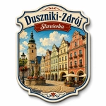 Magnes pamiątkowy Duszniki-Zdrój – widok starówki z kolorowymi domami, ratuszem i fontanną z rzeźbą