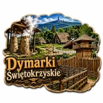 Magnes pamiątkowy Dymarki Świętokrzyskie z motywem tradycyjnych pieców, budowli i górskiej panoramy