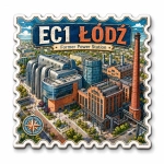 Pamiątkowy magnes EC1 Łódź przedstawiający dawną elektrownię, budynki przemysłowe, szklane konstrukcje i dymiącą wieżę