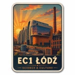 Magnes pamiątkowy EC1 Łódź Science & Culture z motywem modernistycznego budynku, czerwonym dachem i wysokim kominem