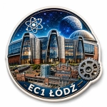 Magnes EC1 Łódź z motywem modernistycznego budynku i elementami naukowymi