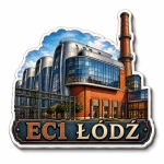 Magnes EC1 Łódź z motywem modernistycznego budynku z czerwonym kominem i szklanymi fasadami