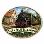 Magnes pamiątkowy Ełcka Kolej Wąskotorowa z motywem stacji i pociągu wąskotorowego