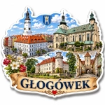 Magnes pamiątkowy Głogówek z historycznym widokiem miasta, kościołem i zabytkową architekturą