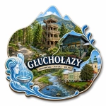 Magnes Głuchołazy z motywem lasu, rzeki i regionalnej zabudowy