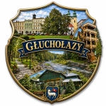 Pamiątkowy magnes Głuchołazy z panoramą miasta, rzeką i motywem parku