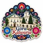 Pamiątkowy magnes Góra Kalwaria z motywem budynku i kwiatów ludowych