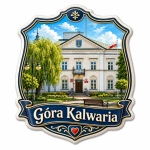 Magnes pamiątkowy Góra Kalwaria z motywem białego budynku i herbu