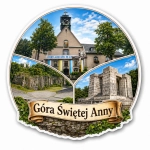 Pamiątkowy magnes Góra Świętej Anny z motywem kościoła, krzyża i kamiennego pomnika