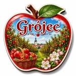 Magnes Grójec w kształcie jabłka z motywem sadu jabłoniowego i kościoła